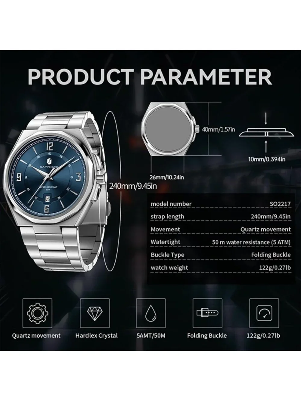Men's Silver/Blue Numeral Dial Stainless Steel Strap Analog Quartz Wrist Watch